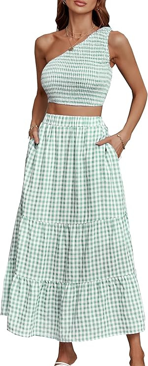 AOVDE Women's Two Piece Outfits Summer Dresses Boho One Shoulder Tube Tops Elastic Waist A Line M... | Amazon (US)