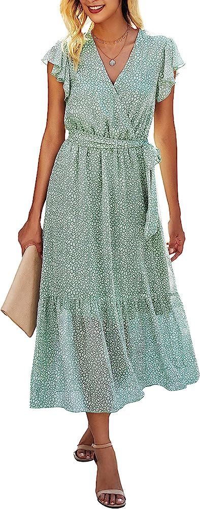 BTFBM Women Summer Bohemian Floral Casual Wrap V Neck Ruffle Cap Sleeveless Belt A-Line Pleated H... | Amazon (US)