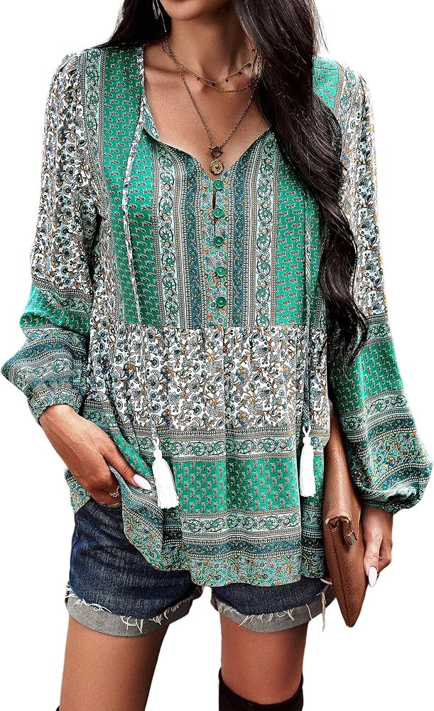 KAYWIDE Women's Floral Print V Neck Ruffle Short Sleeve Summer Shirts Tops Casual Loose Boho Blou... | Amazon (US)