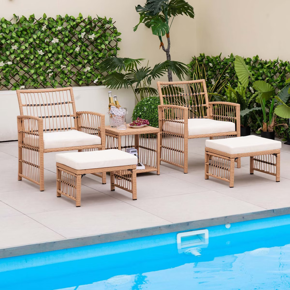 Costway 5 Piece Patio Rattan Wicker Conversation Set with 2-Tier Coffee Table & 2 Ottomans | Target