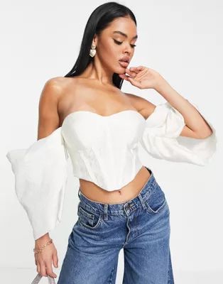 ASOS LUXE - Top style corset à manches oversize et encolure style Bardot - Blanc | ASOS (Global)