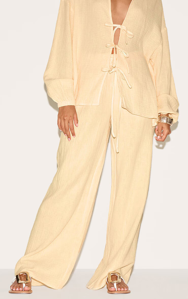 Lemon Textured Cheesecloth Wide Leg Trousers | Co-ords | PrettyLittleThing UK