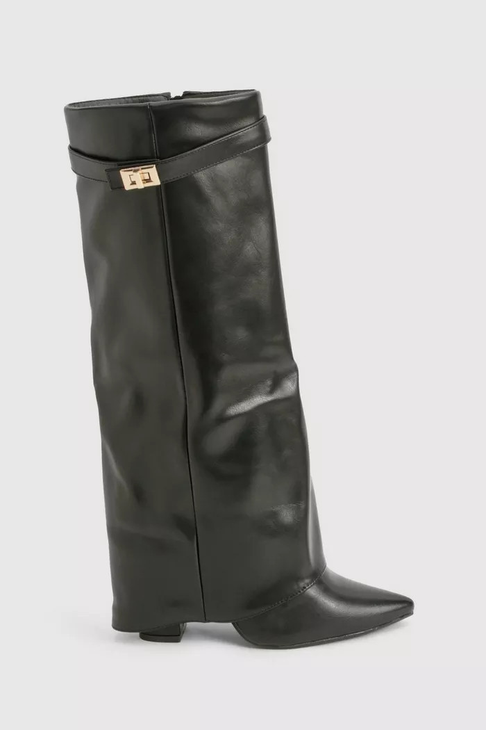Buckle Detail Fold Over Block Heel Knee High Boots | boohoo (US & Canada)