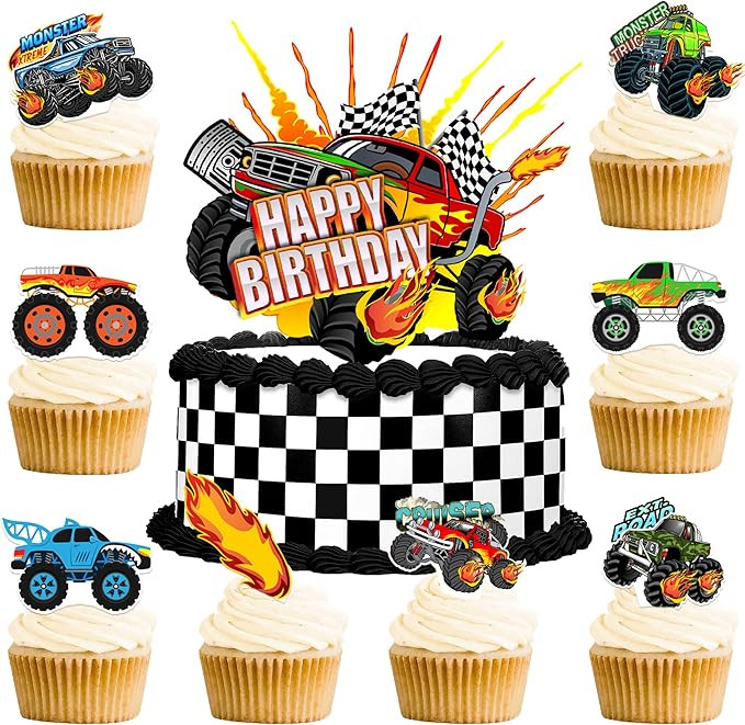 Truck Cake Topper, 49pcs Monster Car Theme Birthday Party Supplies, Red, Green, Blue Cake Decorat... | Amazon (US)