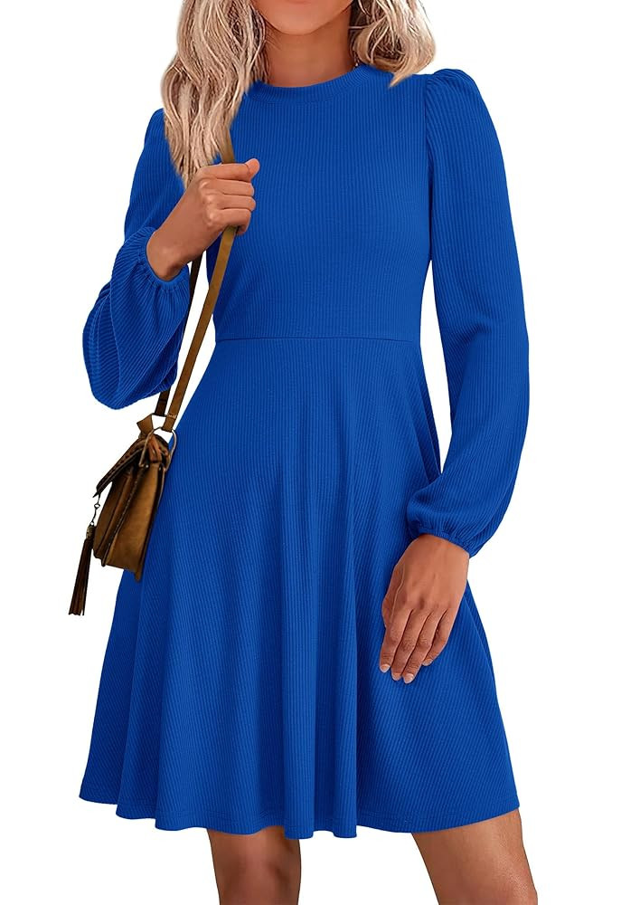 PRETTYGARDEN Womens Long Sleeve Mini Dress 2025 Fall Trendy Crewneck Ribbed Knit Soft A Line Flow... | Amazon (US)