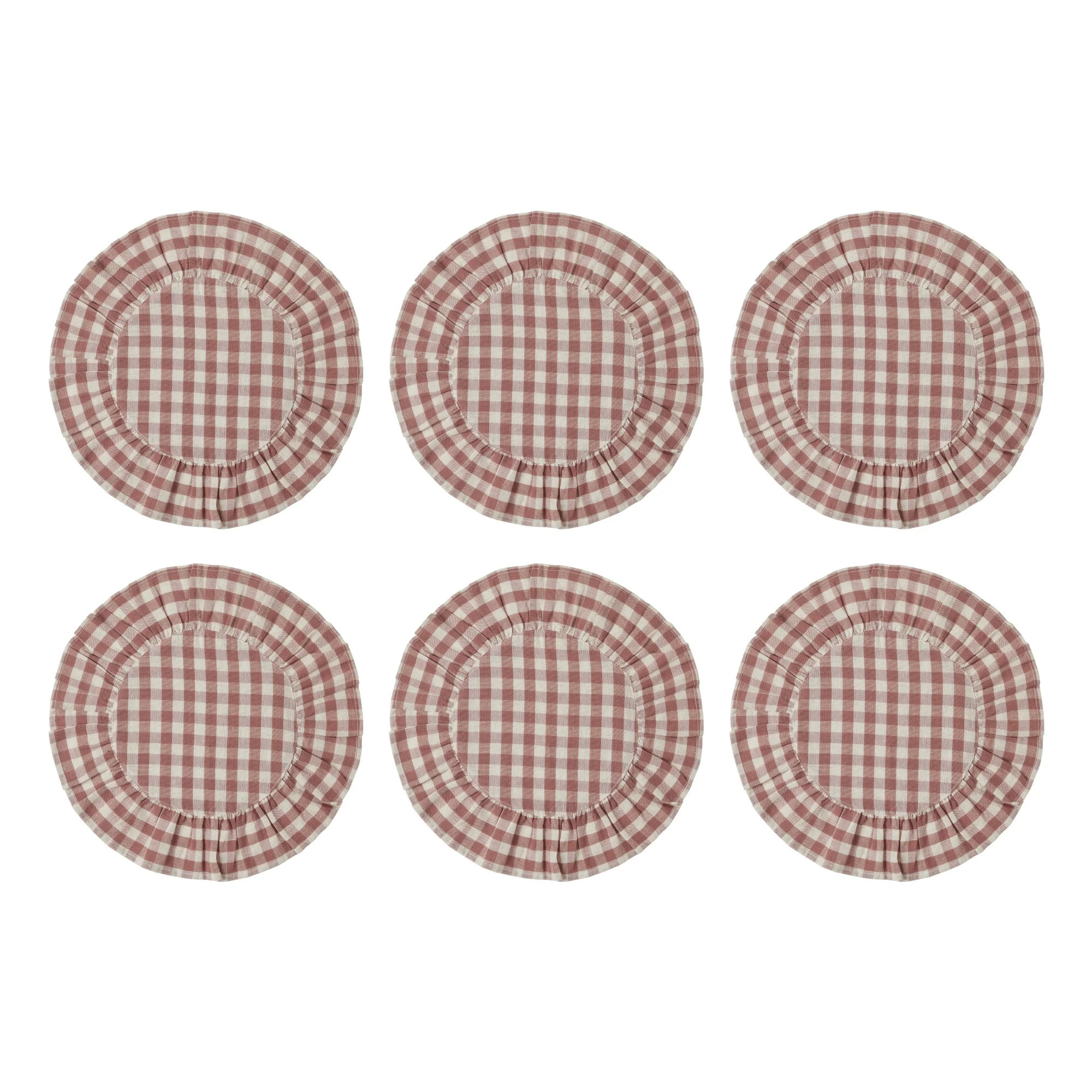 Margaret Dusty Rose Gingham Round Ruffled Cotton Placemats - Set of 6 - 15in Pink & Natural Table Mats | Wayfair North America
