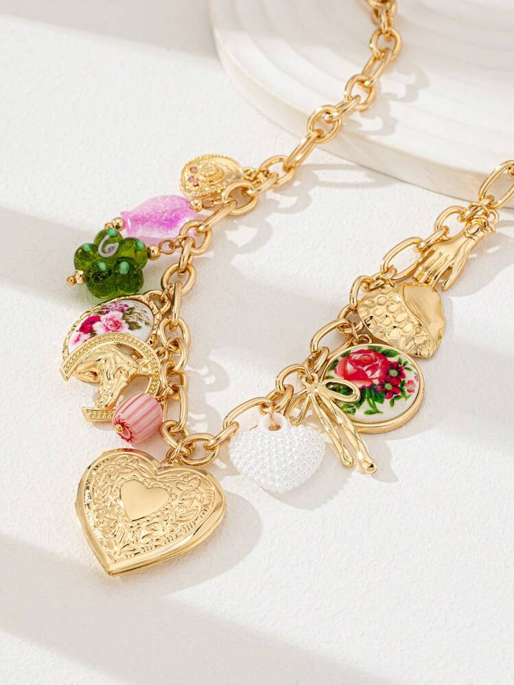The 1 Pc Flower Print Heart Locket Charm Necklace, Women Spring Summer Statement Jewelry | SHEIN