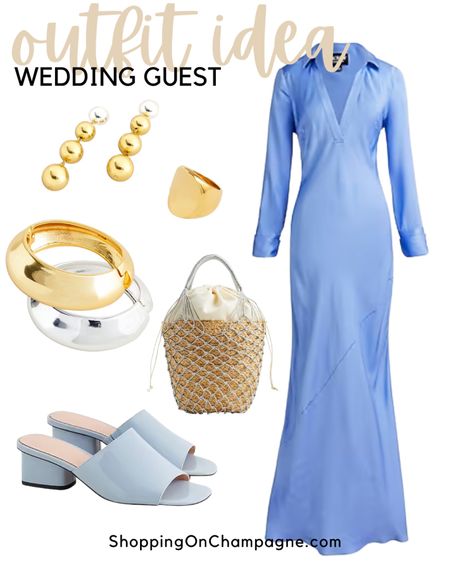 Spring Wedding Guest Dress! Silk column gown accented with simple gold accessories, coordinating slides, and a straw bag.

#LTKwedding #LTKSeasonal #LTKstyletip
