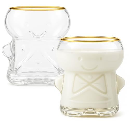 Singhoow 2 Pcs Christmas Gingerbread Man Drinking Glasses, 24oz Christmas Gingerbread Man Clear Glass Mug Novelty Stemless Wine Glass with Gold Rim Xmas Creative Coffee Milk Juice Cup for Party Supply | Amazon (US)