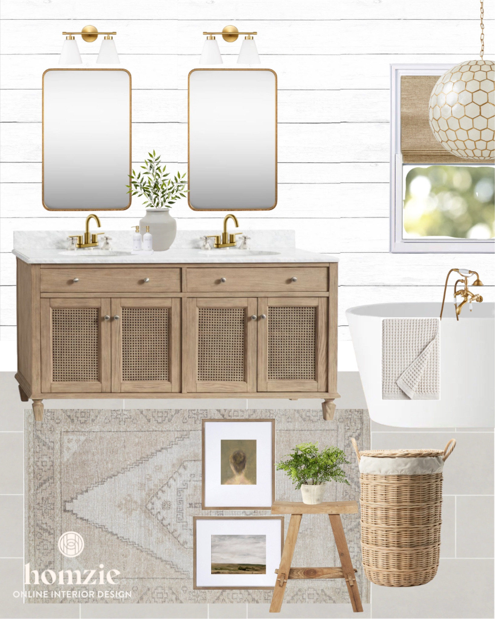 Bathroom mood board, master bath, half bath, bathroom inspo, bathroom inspiration, en suite, bathroom decor, bathroom design, modern classic bathroom, traditional bathroom, bathroom rug, bathroom vanity, wood vanity, double sink, neutral bathroom, coastal bathroom, gold mirror, bathroom mirror, vanity mirror, mood board, moodboard, woven shade 

#bathroom 

#LTKhome