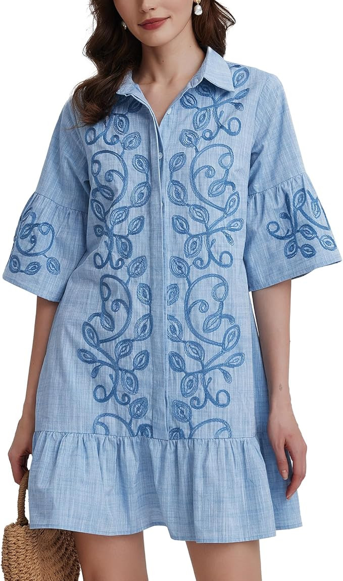 Kedera Women's Summer Button Down Shirt Embroidered Dress Ruffle Sleeve Shift Mini Dresses with P... | Amazon (US)