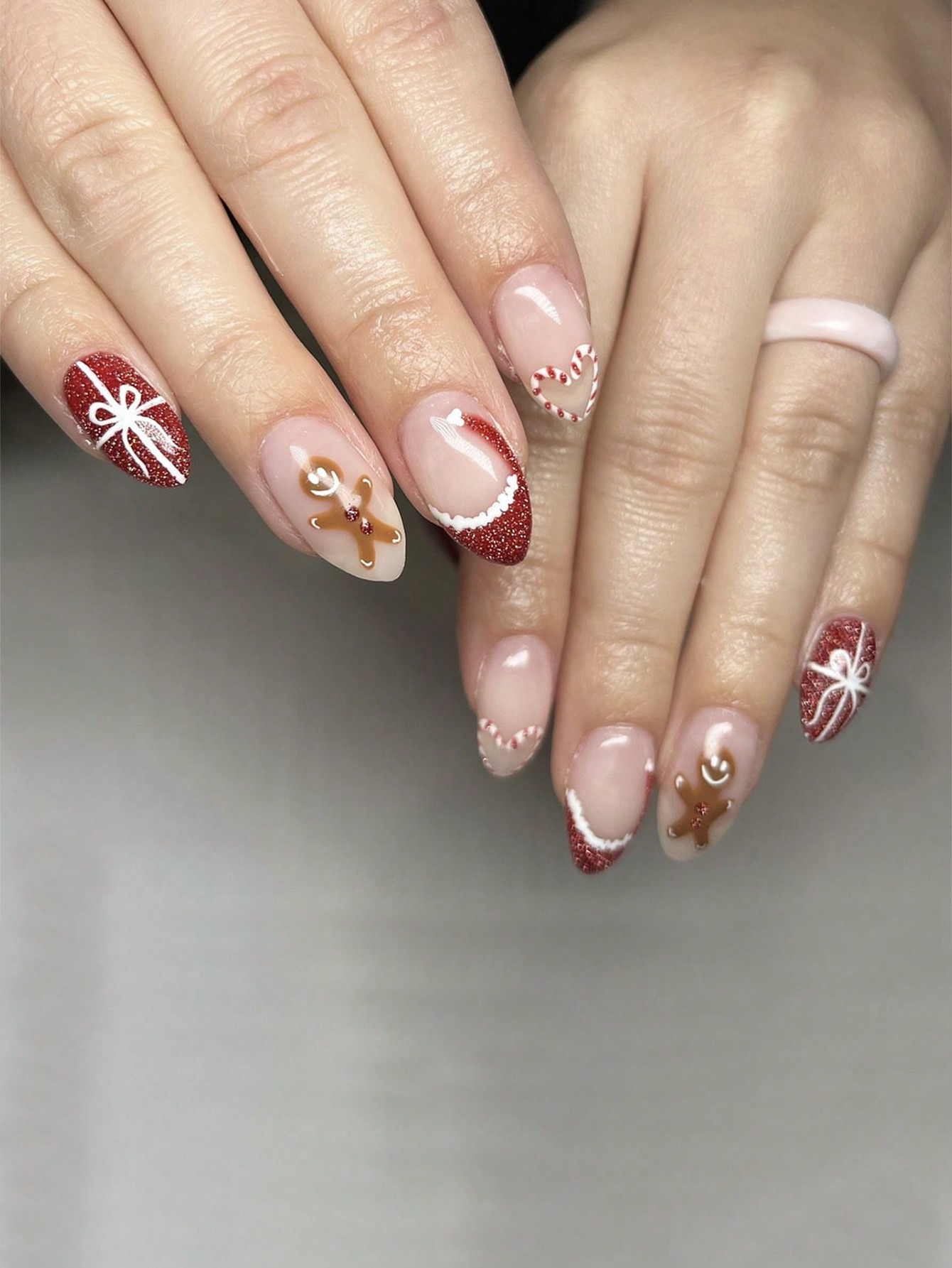 24PCS Medium-Length Almond Press On Nails&Fake Nails, Christmas Style, Red Glitter, Santa Hat, Gi... | SHEIN