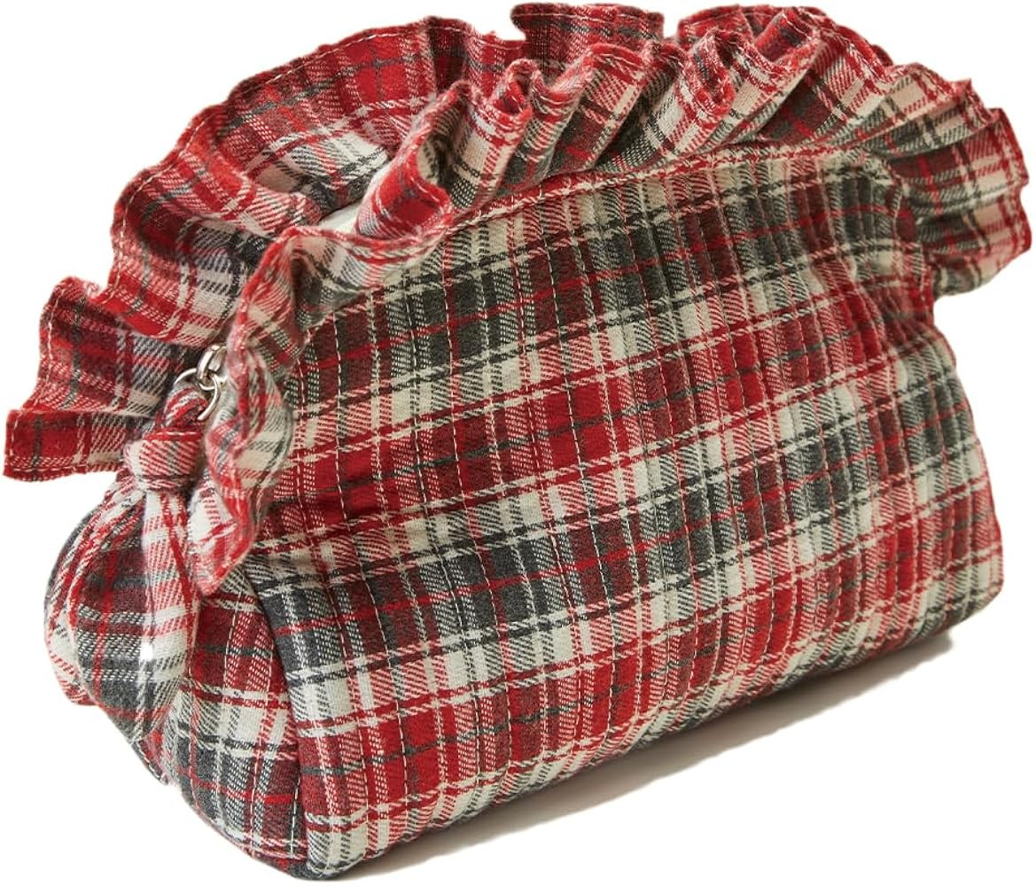 Quilted Ruffle Makeup Bag Scottish Buffalo Plaid Cosmetic Bag Large Travel Toiletry Bags Make Up ... | Amazon (US)