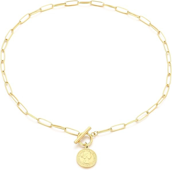 Gold Coin Pendant Necklace for Women, Paperclip Chain with Toggle Clasp Elizabeth Medallion Vinta... | Amazon (US)