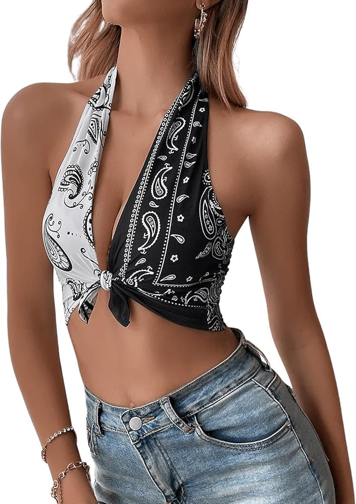 SOLY HUX Halter Tops for Women Paisley Print Bandana Shirt Cowgirl Outfits Country Concert Tops C... | Amazon (US)