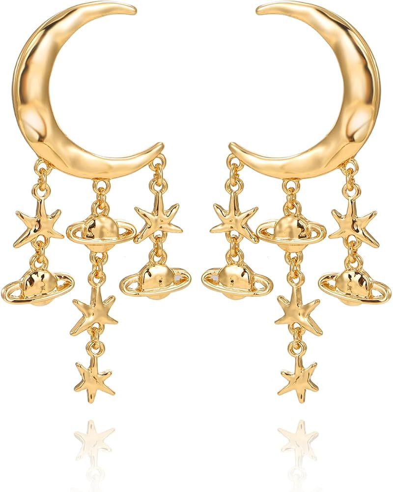 Gold Statement Dangle Earrings,Crescent Earrings with Planet and Star Charms,Jewelry Gift for Wom... | Amazon (US)