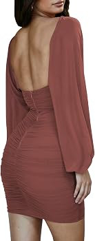 FANTOYE Women's Ruched V Neck Bodycon Dress Lantern Long Sleeve Mesh Backless Mini Dresses | Amazon (US)