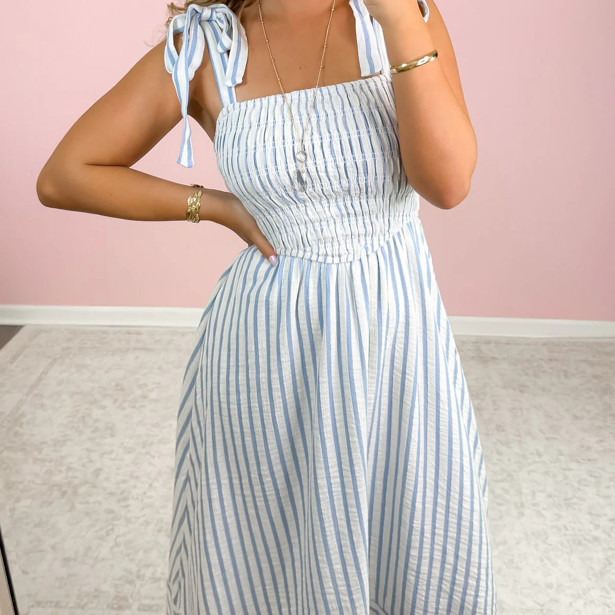 Salty Aire Blue Striped Maxi Dress | Coastal Stripe Dre | Poppy Jane