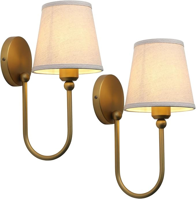Pathson Antique Linen Fabric Wall Sconces Set of 2, Hardwired Curved Arm Bathroom Vanity Light, I... | Amazon (US)