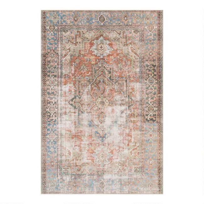 Terracotta and Blue Distressed Persian Style Lauren Area Rug | World Market