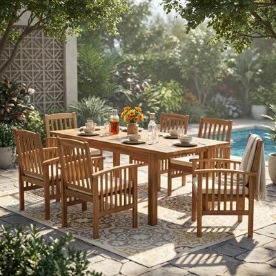 7 Pieces Acacia Wood Outdoor Dining Set, Modern 6 Chairs And 1 Large Table, Perfect For Lawn, Backyard, Garden Deck, Poolside, | Wayfair North America