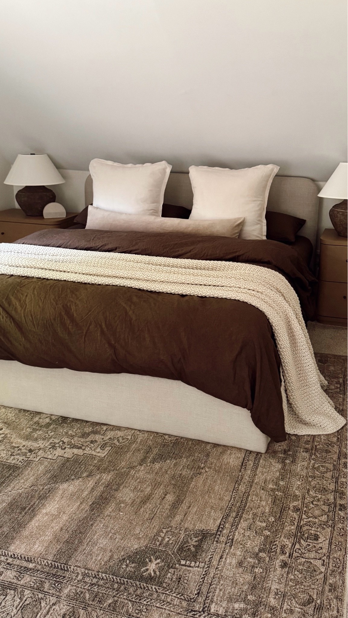 new primary bedroom set up! king bed frame - linen color flax