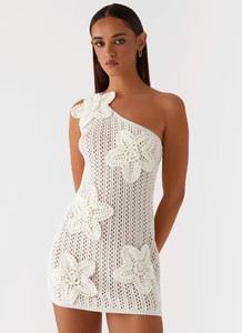 Afterglow One Shoulder Crochet Mini Dress - Ivory | Peppermayo (Global)