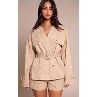 Petite Beige Cinched Waist Midi Trench Coat | PrettyLittleThing UK