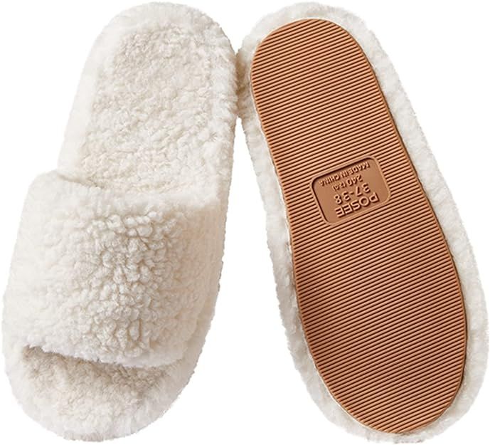 posee Fuzzy Memory Foam Slippers for Women, Fluffy Open Toe Slippers Curly Fur Cozy Flat Spa Slid... | Amazon (US)