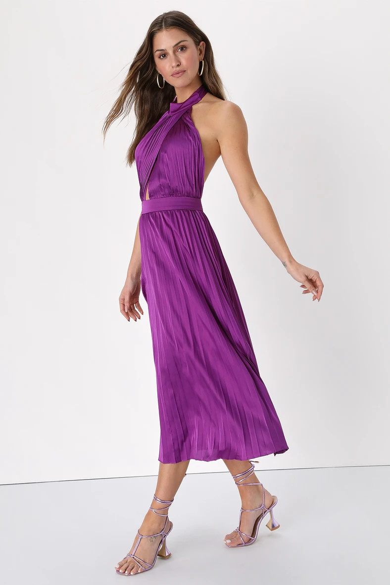 Totally Charming Purple Satin Pleated Halter Midi Dress | Lulus (US)