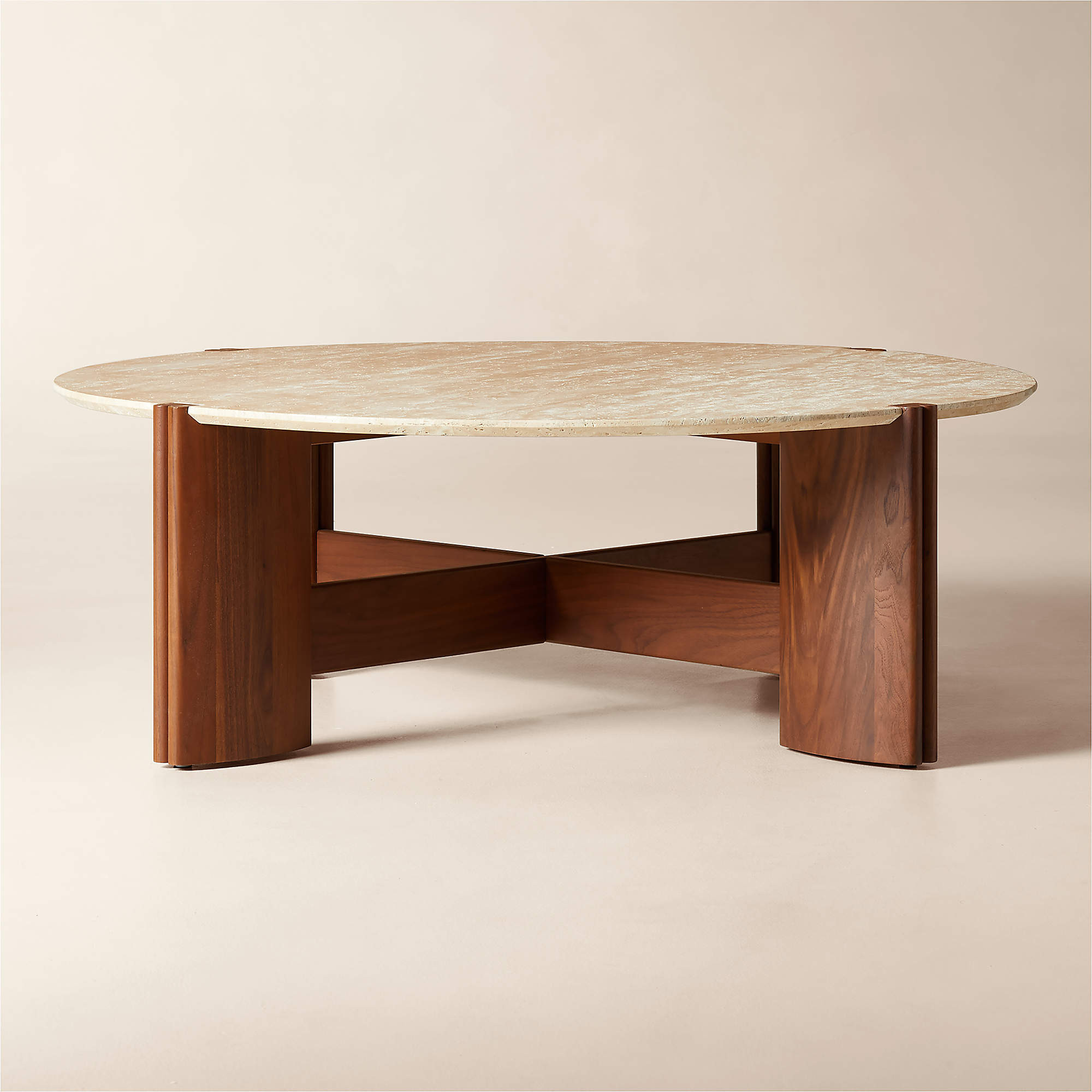 Tule 47" Round Travertine and Walnut Wood Coffee Table + Reviews | CB2 | CB2