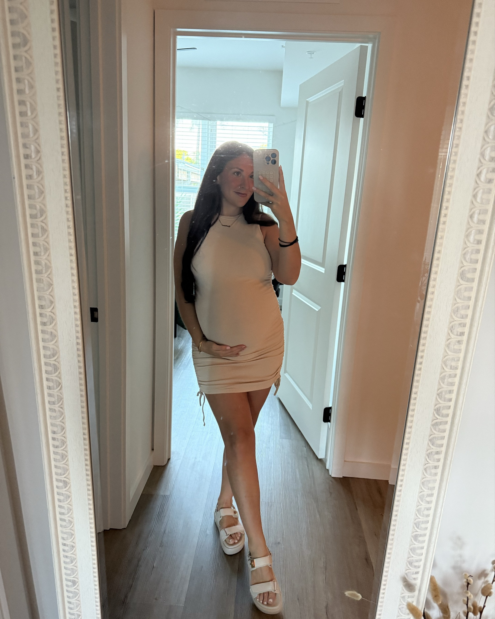 Simple bodycon dress I wore to my baby shower bbq! The length is adjustable and I sized up to a medium to fit my belly at 31 weeks 

#LTKBump #LTKFindsUnder50 #LTKStyleTip