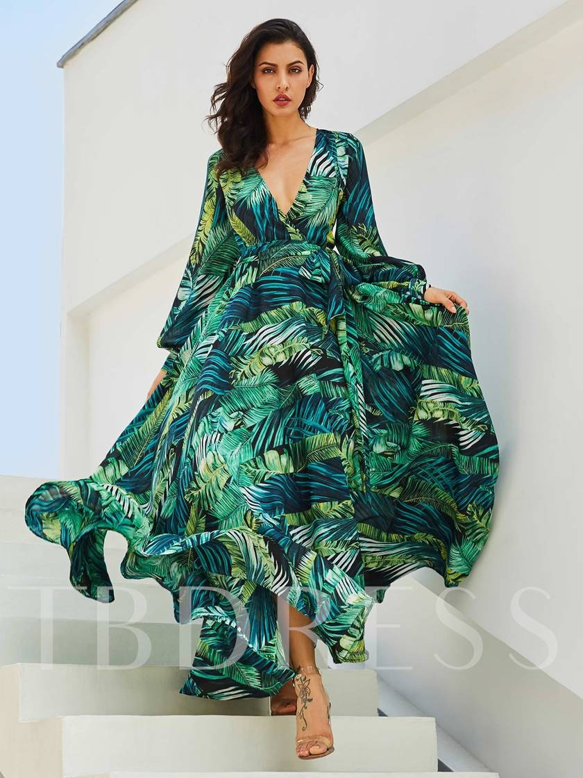 V-Neck Lantern Sleeve Plant Print Vacation Women's Maxi Dress | TBDress.com