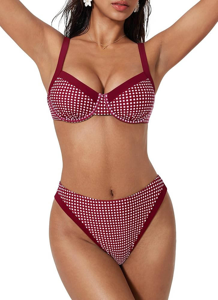SUUKSESS Women Color Block Underwire Bikini Sets Cheeky High Cut 2 Piece Swimsuit | Amazon (US)