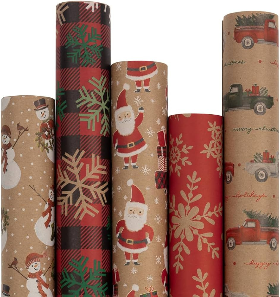 JAM Paper Assorted Gift Wrap - Christmas Kraft Wrapping Paper - 125 Sq Ft Total - Kraft Christmas... | Amazon (US)