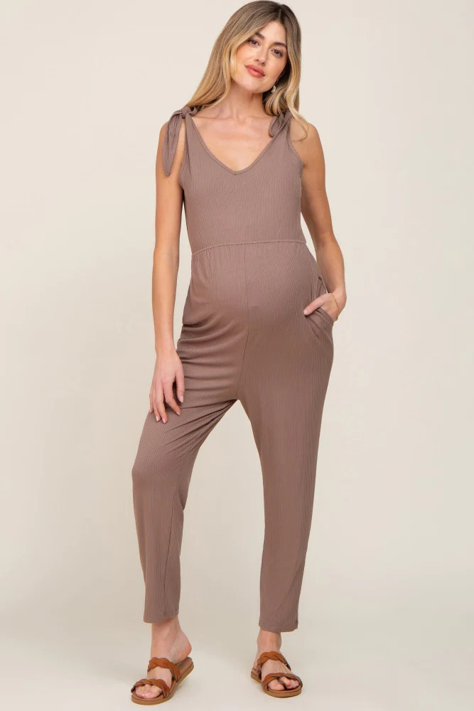 Brown Tie Strap Maternity Jumpsuit | PinkBlush Maternity