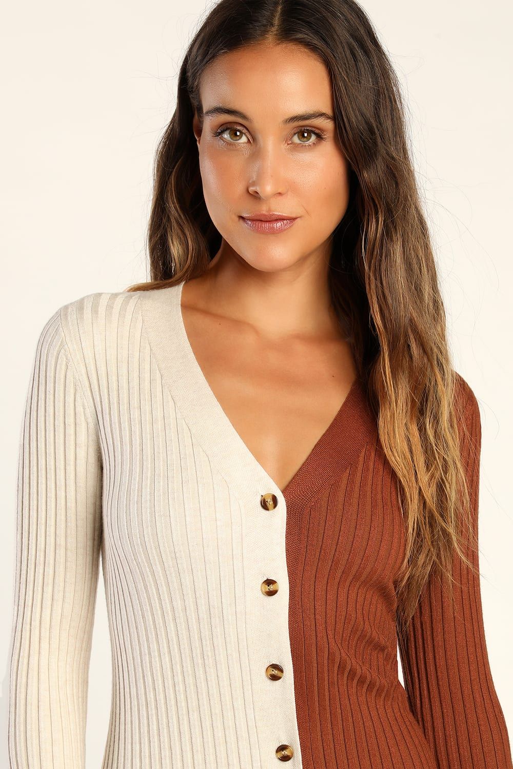 Charming Combo Cream and Brown Ribbed Button-Front Sweater Dress | Lulus (US)
