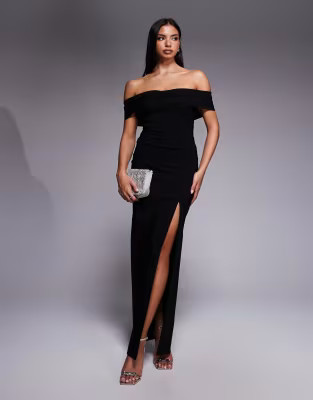 Vesper bengaline cross front off shoulder maxi dress in black | ASOS (Global)