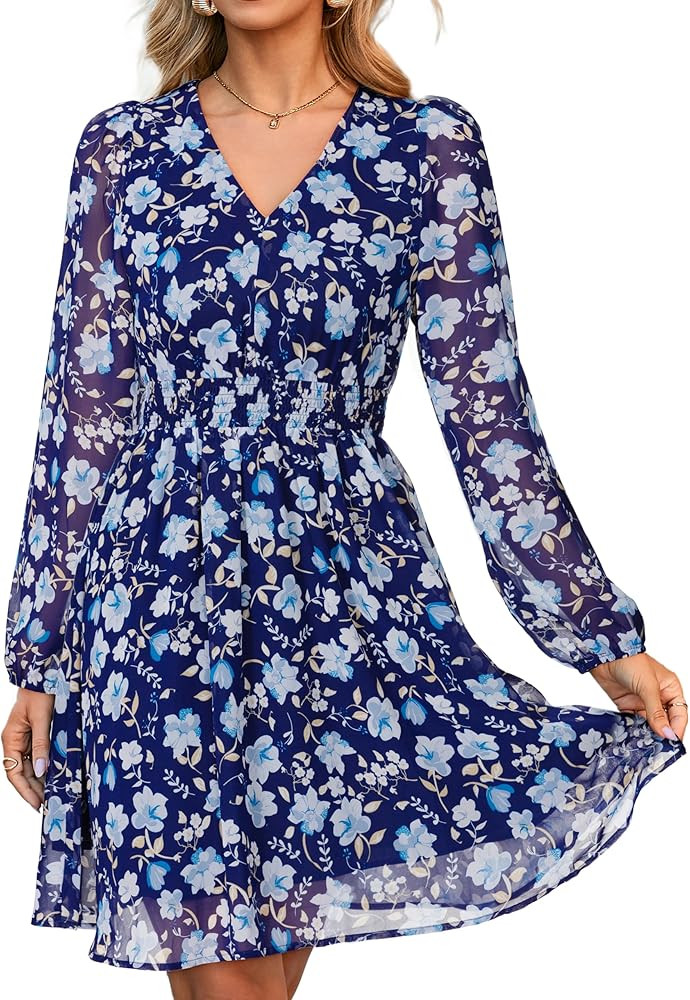 Simplee Womens Floral Mini Dress Long Sleeve Casual V Neck Chiffon Modest Boho Flowy Fall Wedding... | Amazon (US)