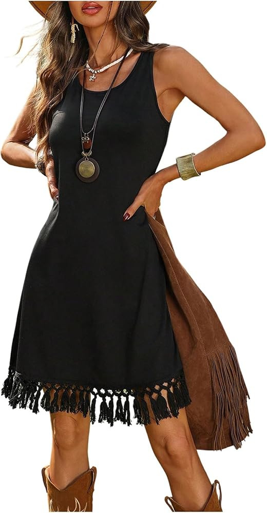 Verdusa Women's Western Fringe Tank Dresses Cowgirl Sleeveless Short Summer Dress | Amazon (US)