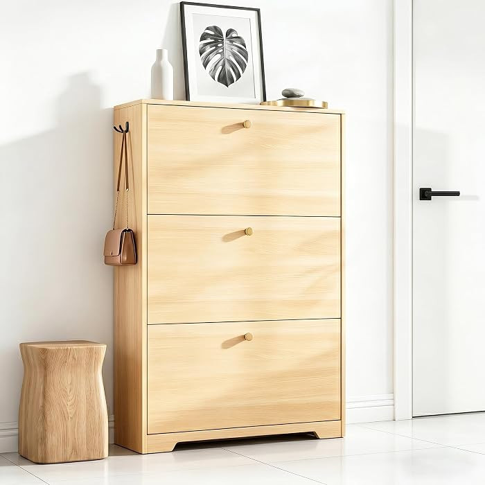 Shoe Cabinet with 3 Flip Drawers, Entryway Storage, Natural Oak | Amazon (US)