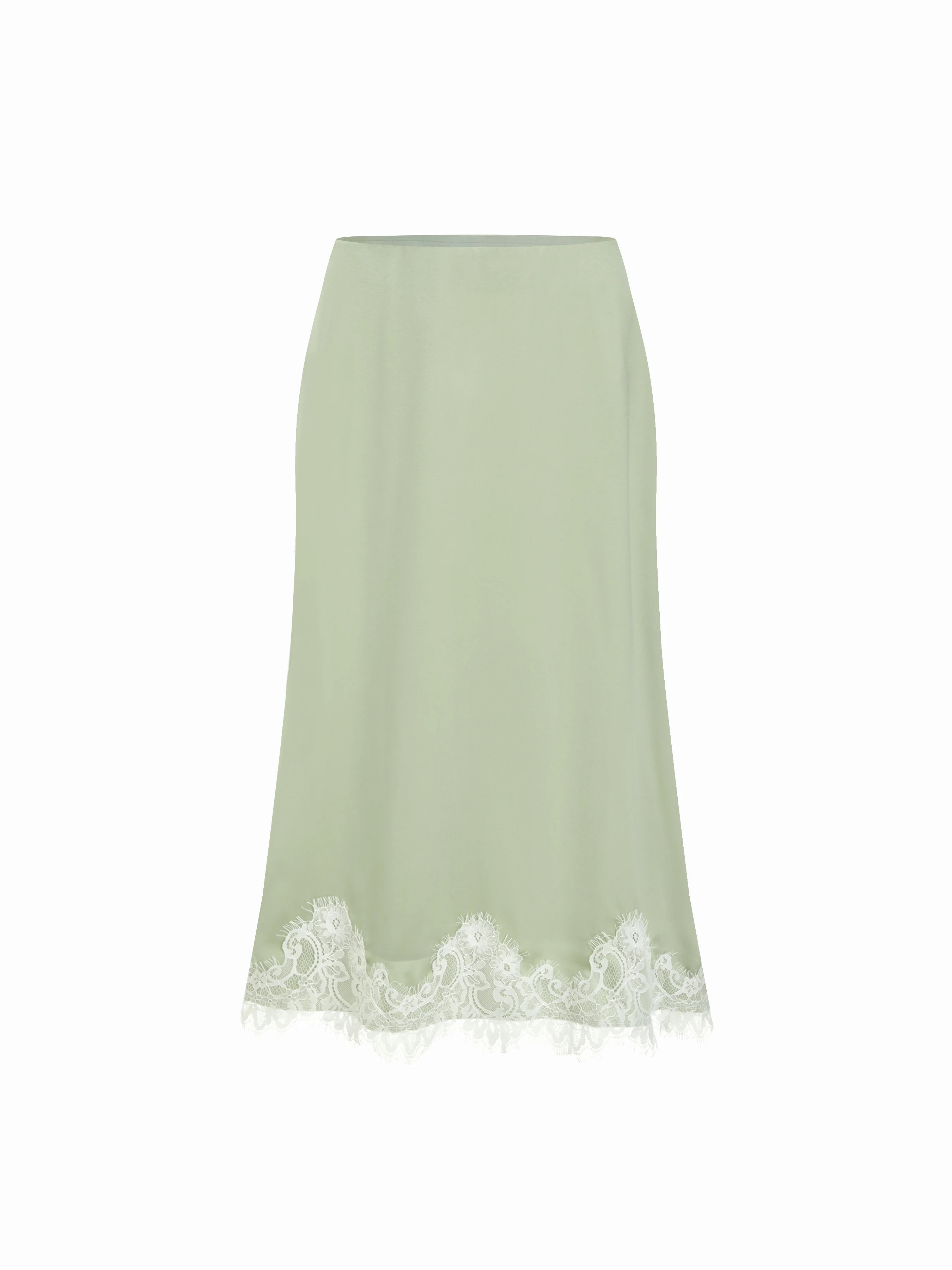 Satin Mid Rise Polka Dot Lace Trim A-line Midi Skirt | Cider