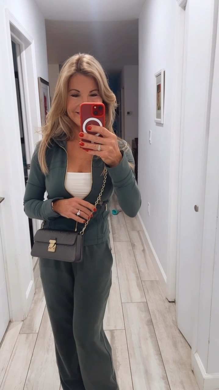 A great travel or run around town outfit. Jacket and pants from #lululemon are soft and comfortable but look polished I paired them with a tank top ,some sneakers and a cute crossbody purse! 

#LTKStyleTip #LTKTravel #LTKActive