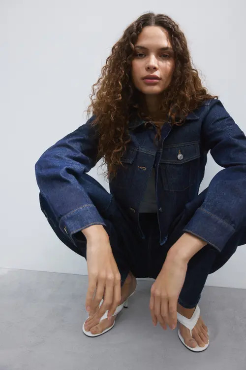 H&M Cropped Denim Jacket in Dark Denim Blue at Nordstrom, Size Large | Nordstrom