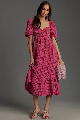 Endless Rose Puff-Sleeve Sweetheart Textured Midi Dress | Anthropologie (US)