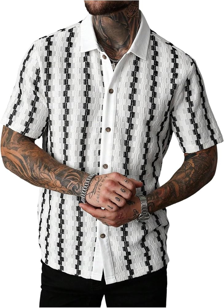 SOLY HUX Men's Casual Button Down Shirt Textured Short Sleeve Collared Striped Vintage Beach Summ... | Amazon (US)