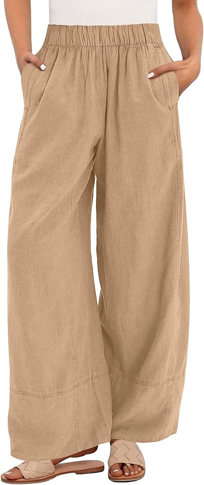 ANRABESS Women's Wide Leg Linen Pants Summer Boho Casual Elastic Waist Long Lounge Travel Pants T... | Amazon (US)