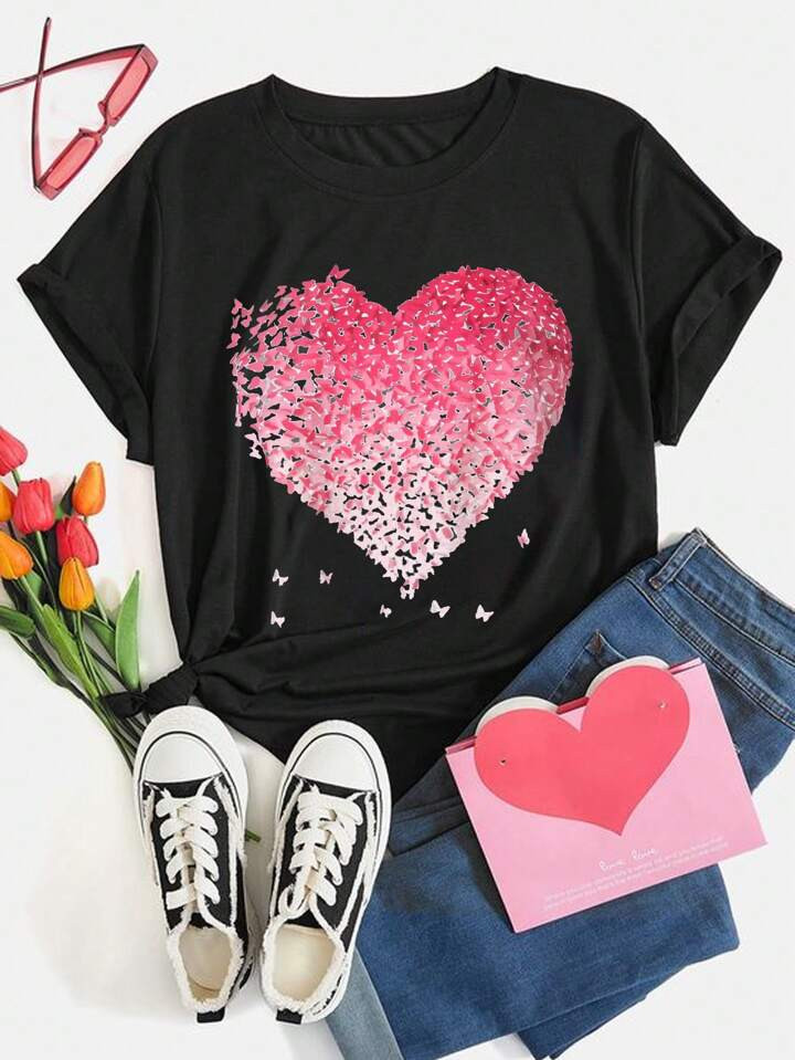 Heart & Butterfly Print T-Shirt, Crew Neck Short Sleeve T-Shirt For Valentine's Day Gifts, Women ... | SHEIN