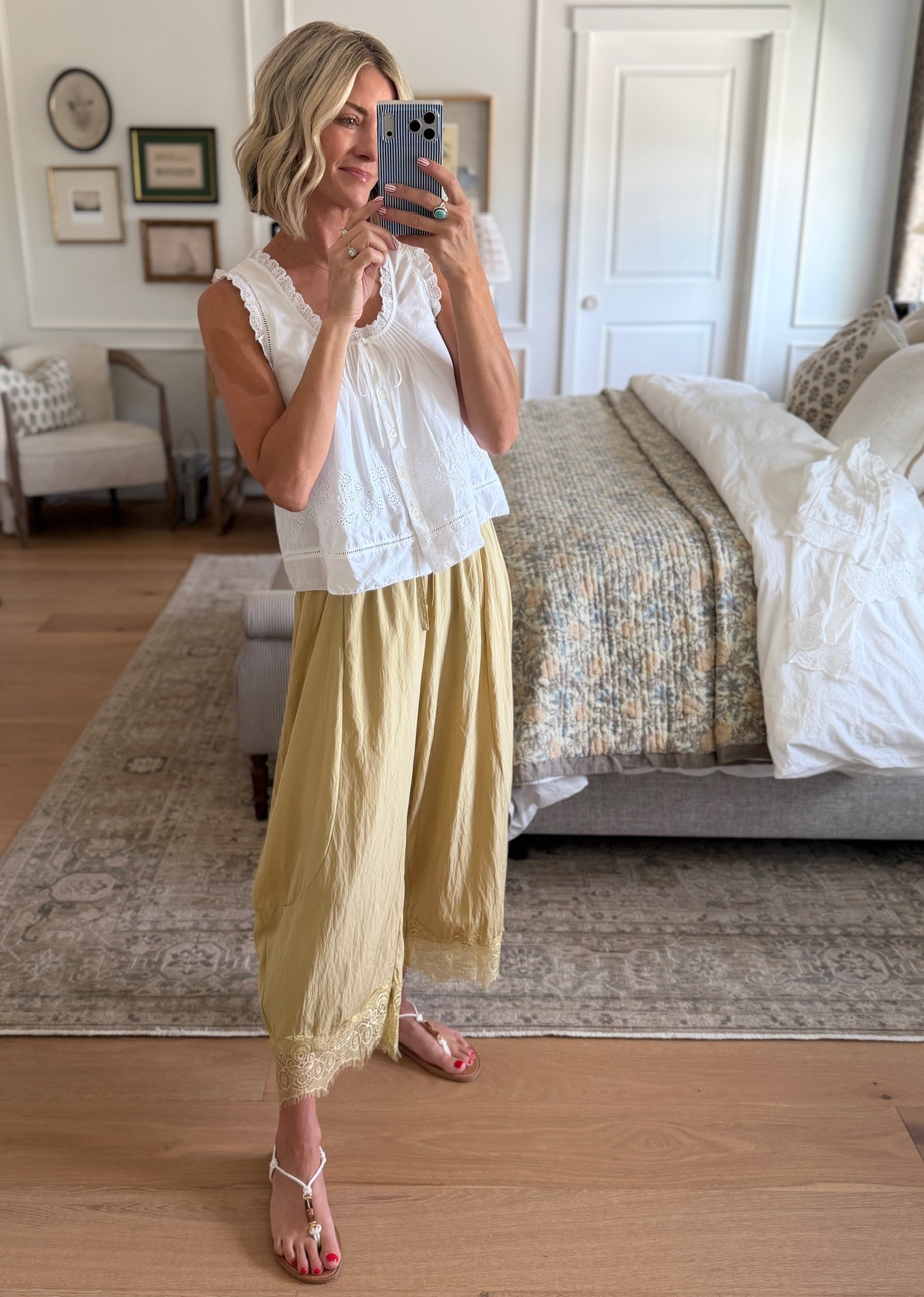 I love a white detailed top to go with fun summer pants! Sharing four of my favorites! I also love these sandals from steve madden and they are on sale right now!

#LTKootd #LTKOver40 #LTKSaleAlert