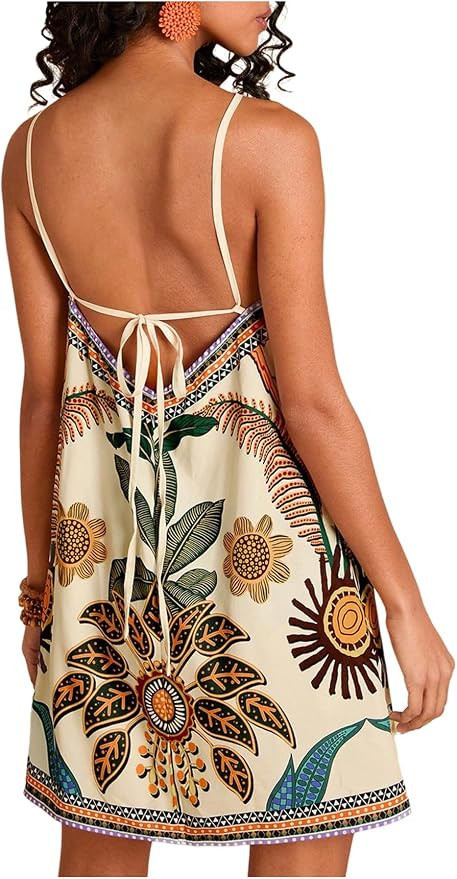 RoseSeek Women's Boho Tropical Tie Backless Halter Dresses Sleeveless Vacation Beach Short Dress | Amazon (US)